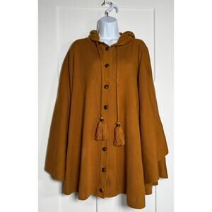 Patricia Nash Boho Button Hooded Cape Poncho Coat Jacket Tassels Flowy OS Brown